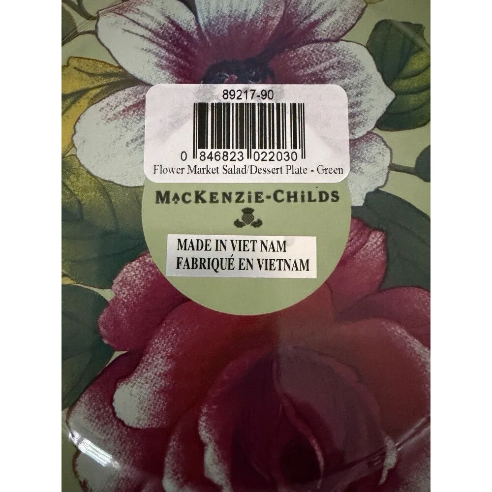 MacKenzie-Childs Green Flower Market Salad/Dessert Plate Set of 4 New In Box